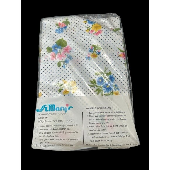 St. Mary's Vtg No Iron Percale Floral & Dot Pillowcase Set White New Old Stock - Picture 3 of 5
